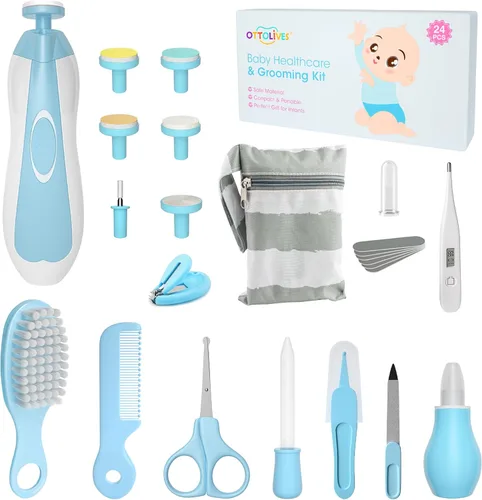 OTTOLIVES Kit de Cuidado y Aseo para Bebés, Juego de Recortador de Uñas Eléctrico para Bebés 24 en 1 Set de Cuidado de Salud para Recién Nacidos
