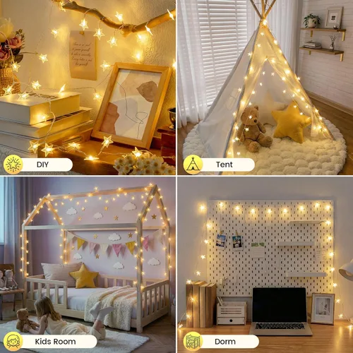 Vista 2 de HEYFUNi Guirnalda de luces de estrella con control remoto, 16 pies, 50 luces LED bonitas con USB y funciona con pilas, 8 modos y temporizador