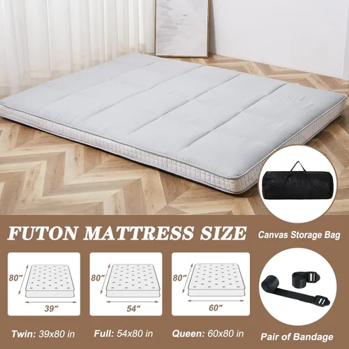 Vista 5 de DoCred Colchón de futón de tamaño matrimonial, extra grueso, plegable, japonés, colchón de espuma viscoelástica para adultos, colchón enrollable