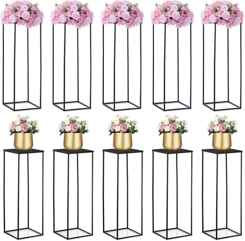 Vista 22 de Nuptio Jarrón de metal negro, 2 piezas de 15.7 pulgadas de alto, jarrones cilíndricos y cuadrados para centros de mesa, decoraciones para el hogar