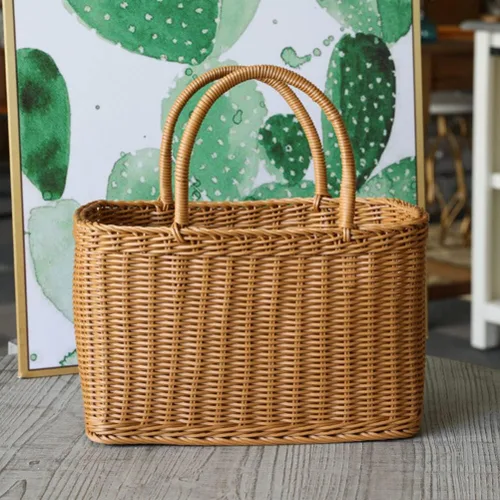 Vista 6 de VICASKY Cesta de recolección de flores tejidas con asa rectangular de mimbre de ratán para mujer, cesta de paja retro para dulces, cesta de flores