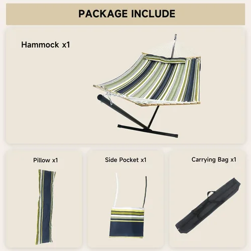 Vista 7 de Hamaca doble con soporte resistente, hamaca de patio al aire libre con soporte de acero portátil, hamacas dobles grandes (rayas azules)