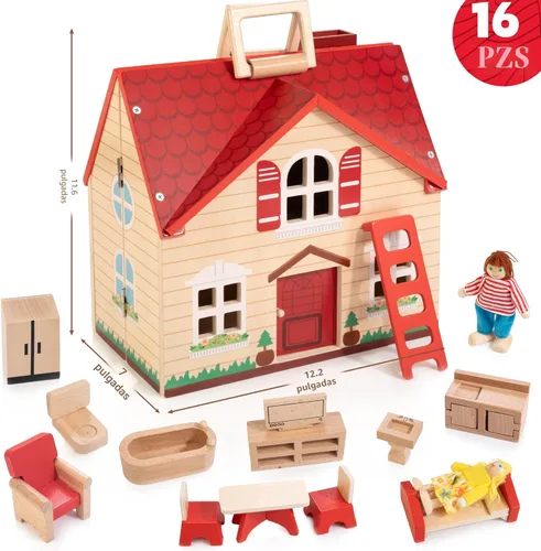 Vista 5 de WOODMAM Casa de muñecas plegable de madera con 13 piezas de muebles, 4 habitaciones y 2 muñecas flexibles, juego de casa de muñecas para juego
