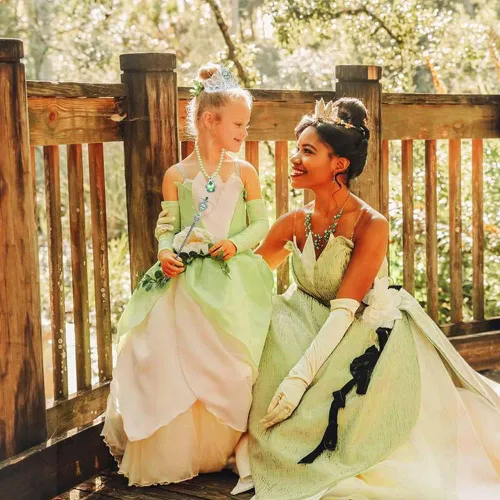 Vista 2 de Vestido de princesa de Tiana para niñas, rana de hada verde, para fiesta de cumpleaños, Halloween, disfraz de elfo con accesorios (7-8T)