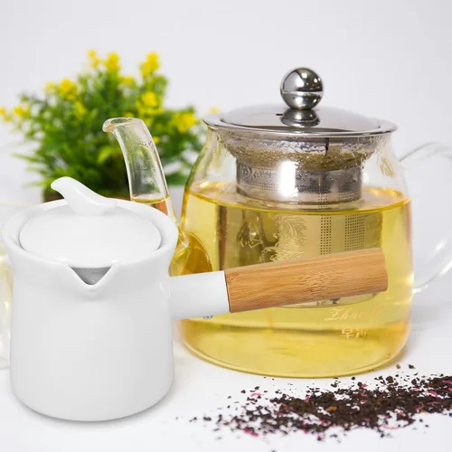Vista 4 de Cabilock Crema de café de 11.8 fl oz de color blanco mini cafetera de cerámica con diseño de mango de madera para el hogar y la oficina