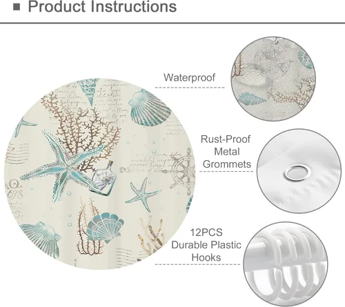 Vista 4 de Omifly - Cortina de ducha pequeña con estrellas de mar y conchas marinas, de 36 pulgadas de ancho x 72 pulgadas de alto, temática náutica
