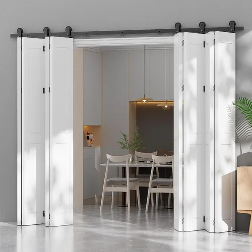 Vista 13 de CCJH Kit de riel deslizante de 3 pies/36 pulgadas para puerta de granero plegable resistente para 2 puertas (sin puerta de madera, solo hardware)