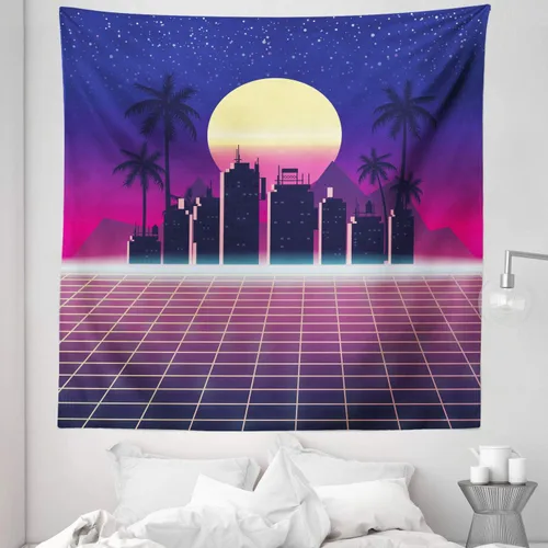 Vista 5 de Lunarable Disco Tapestry, Synthwave Retro City Palms Sun and Grid in Vibrant Tones, Fabric Wall Hanging Decor for Bedroom Living Room Dorm, 23" X