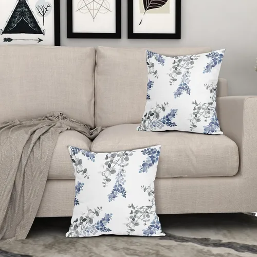 Vista 7 de Juego de 2 fundas de almohada azules y blancas de 18 x 18 pulgadas, fundas de almohada decorativas de hojas grises y grises, fundas de almohada