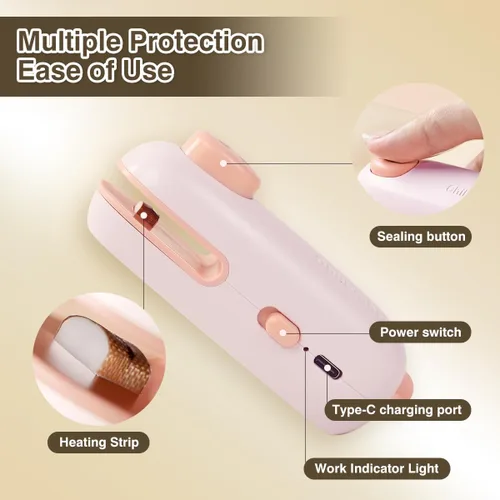 Vista 4 de Mini sellador de bolsas, sellador de bolsas recargable USB-C, lindo sello térmico de cerdo pequeño, tira suavemente para sellar rápidamente