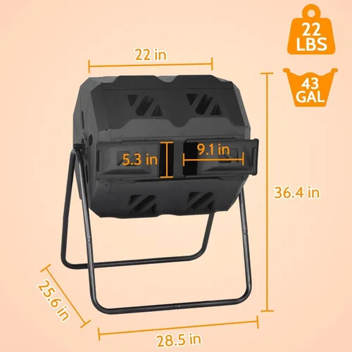 Vista 6 de Compostador de doble cámara para exteriores, cubo de compost de 43 galones, cubo de basura de compostaje de 360°, compostador sin BPA, giratorio