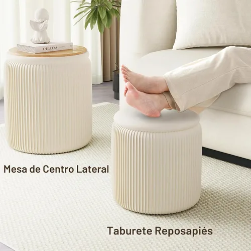 Vista 7 de Juego de 2 otomanas beige con almacenamiento, taburete de tocador tapizado de terciopelo, cómodos taburetes redondos de maquillaje, reposapiés