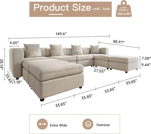 Vista 49 de Guyii Sofá modular de terciopelo, moderno sofá de 4 plazas de gran tamaño con 3 almohadas y reposapiés de almacenamiento, sofá convertible de 115.74
