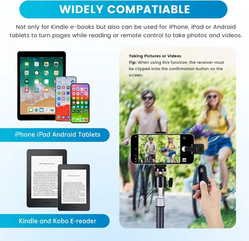 Vista 6 de Turner de páginas para Kindle Paperwhite, RF Control remoto Clicker Page Turner Accesorios Kindle para iPhone, iPad, tabletas Android, novelas