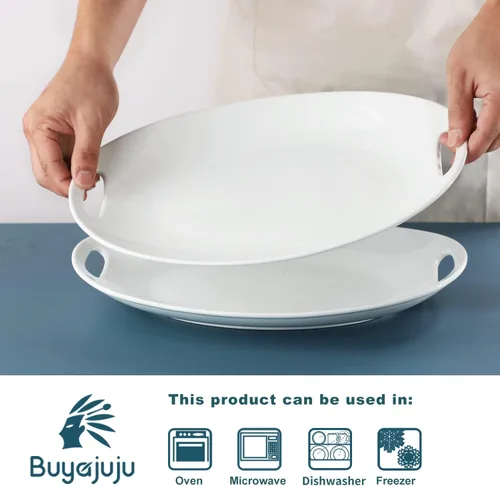 Vista 4 de Buyajuju Plato de porcelana con asas, platos para servir de 14 pulgadas para entretener, bandeja ovalada para ensalada, guiso, frutas y pasta, juego
