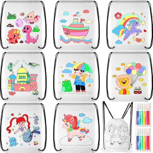 Aliceset Paquete de 16 bolsas con cordón preimpresas y juegos de pintura de acuarela con contorno predibujado con cordón, mochila con cordón a