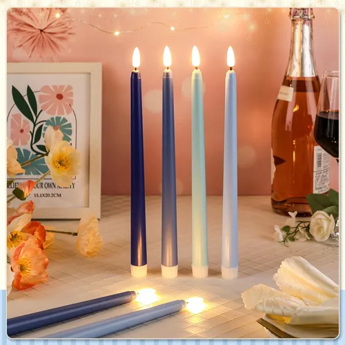 Vista 4 de Baquler 24 Piezas Velas Cónicas Sin Llama de 11'' de Navidad Azules Operadas con Batería Velas LED de Plástico con Degradado Parpadeante Candeleros