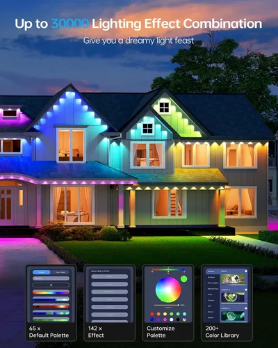 Vista 13 de ASAHOM Luces permanentes para exteriores Pro, 400 pies con 288 LED RGBCW y doble salida, integración WLED, iluminación AI, combinación de 30,000