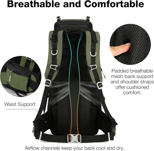 Vista 6 de Mochila de senderismo impermeable de 60L con cubierta de lluvia para hombres y mujeres, mochila de camping grande, verde