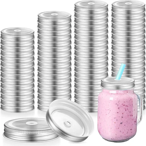 Vista 8 de Mudder Paquete de 26 tapas para tarros de conservas Mason con agujero para popote para tarros de metal de boca ancha regular con agujero