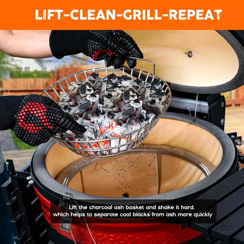 Vista 4 de only fire Cesta de ceniza de carbón, soporte de carbón de acero inoxidable con asas, accesorios para parrilla, se ajusta a Kamado Joe Classic