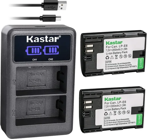 Kastar Batería x2 + cargador LCD dual para Canon LP-E6, LP-E6N, EOS 5DS R, 5D Mark II, 5D Mark III, Mark IV, 6D, 6D Mark II, 7D, 7DSV, 7D Mark II,