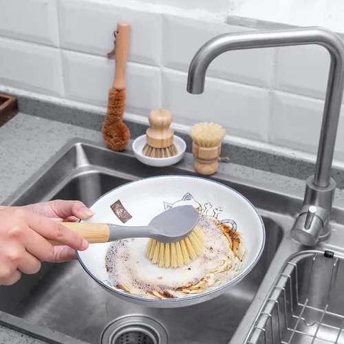 Vista 6 de Juego de 4 cepillos de bambú natural para limpiar botellas, con dispensador de jabón de cerámica, cepillos de madera con asas resistentes