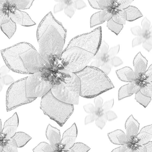 Vista 20 de WILLBOND 24 Piezas 3 Tamaños Flor de Nochebuena Artificial Decoración Navideña con Purpurina Adornos Navideños de Nochebuena Flores Artificiales