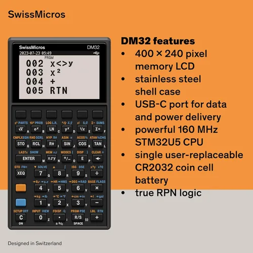 Vista 7 de SwissMicros Calculadora RPN DM32 - Inspirada en HP 32SII Precisión de 34 dígitos Acero inoxidable USB-C Sistema virtual multiestado