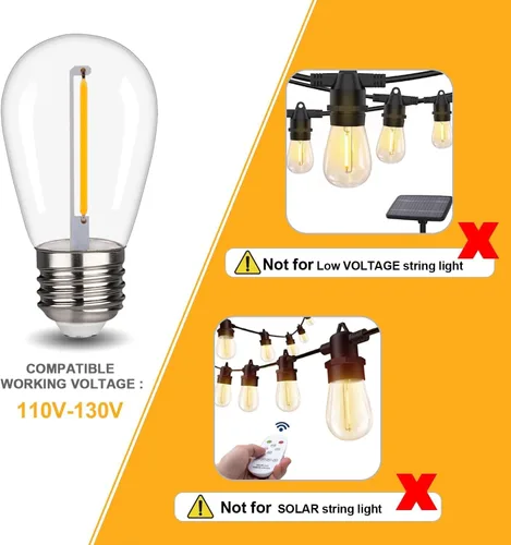 Vista 5 de Paquete de 15 bombillas LED S14, bombillas de repuesto inastillables e impermeables de 1 W, bombillas LED Edison con base E26, blanco cálido 2200 K
