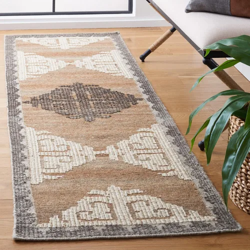 SAFAVIEH Kenya Collection - Alfombra de pasillo, 2 pies 3 pulgadas x 8 pies, marrón y carbón, lana tribal anudada a mano, ideal para zonas de alto