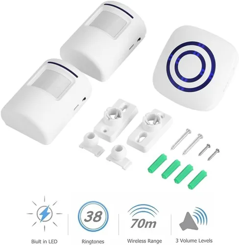 Vista 7 de Alarma inalámbrica de seguridad para el hogar, alerta de entrada de Enegg y timbre de timbre de puerta de visitante con 1 receptor enchufable y 2