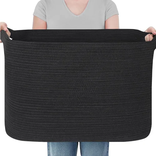 Vista 10 de MEGASKET Cesta extra grande para mantas, 23.6 x 17 x 12 pulgadas, almacenamiento de manta negra para sala de estar, soporte de almohada de cuerda