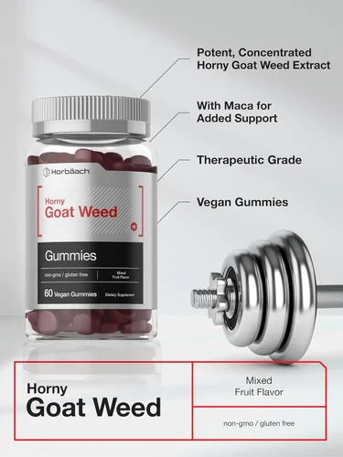 Vista 4 de Horny Goat Weed Gummies 60 unidades Fórmula de extracto vegano, sin OMG y sin gluten con maca Sabor natural de frutas mixtas por Horbaach