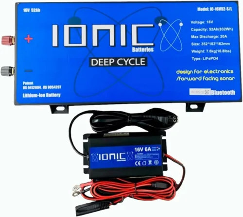 Vista 2 de Ionic Litio 16V 52Ah Batería Marina de Ciclo Profundo + Cargador - Batería LiFePO4 Liviana con Bluetooth - IC-16V-EPCHP-01