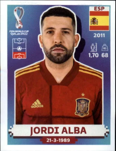 2022 Panini World Cup Soccer Sticker #ESP7 Jordi Alba Spain Group E Official Qatar WC Album Sticker in Raw (NM or Better) - Measuring 2 Inches Wide