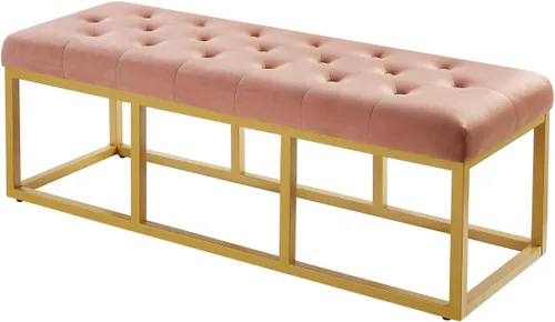 Vista 9 de 24KF Banco largo tapizado con patas de metal dorado, banco de terciopelo gris con asiento acolchado, gris