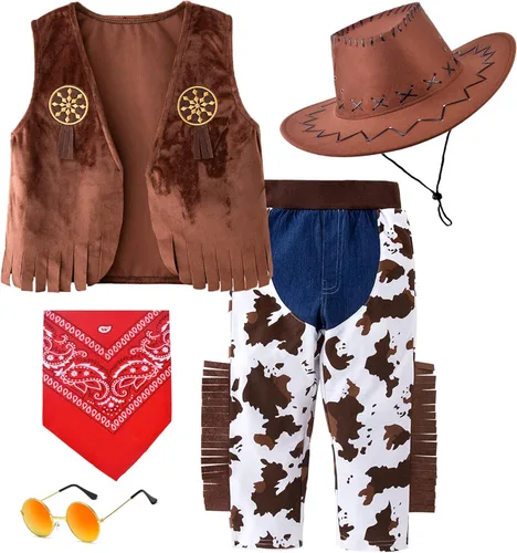 Disfraz de vaquera para niños, juego de 5 piezas para niños y niñas, juego de rol, disfraz de 3 a 10 años