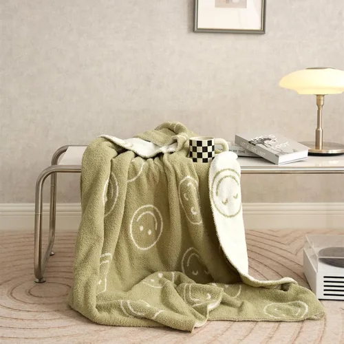Vista 3 de Manta reversible con cara sonriente, color verde salvia, súper suave, acogedora, cálida y esponjosa para sillón y cama, estética
