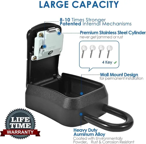 Vista 4 de Caja de bloqueo de llave, caja de bloqueo de combinación de 4 dígitos para montaje en pared, impermeable para exteriores, caja de contraseña segura