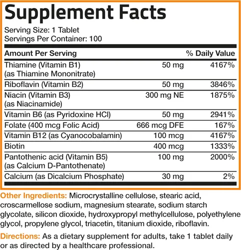 Vista 6 de Bronson Complejo de vitamina B (vitamina B1, B2, B3, B6, B9 - ácido fólico, B12), 100 tabletas