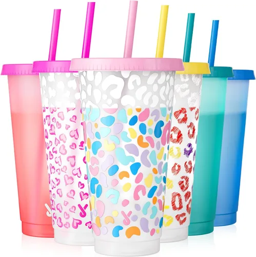 Meoky Vasos de plástico con tapas y popotes – Paquete de 6 tazas que cambian de color de 24 onzas, tazas para café helado, vasos reutilizables a
