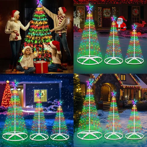 Vista 7 de 3 paquetes de luces de árbol de Navidad en forma de cono, luces de árbol de Navidad de 4' 5' 6' regulables con 12 modos de control remoto, luces
