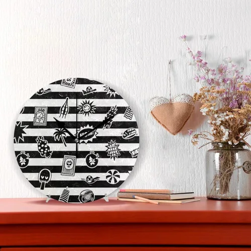 Vista 2 de Black White Striped Retro Summer Cool 10 Inch Round Decorative Atomic Wall Clock Non Ticking Decor for Classroom School School reloj de pared