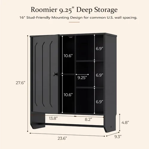 Vista 3 de Bathroom Wall Storage Cabinet,Extra Deep 9.25" Over The Toilet Storage Black