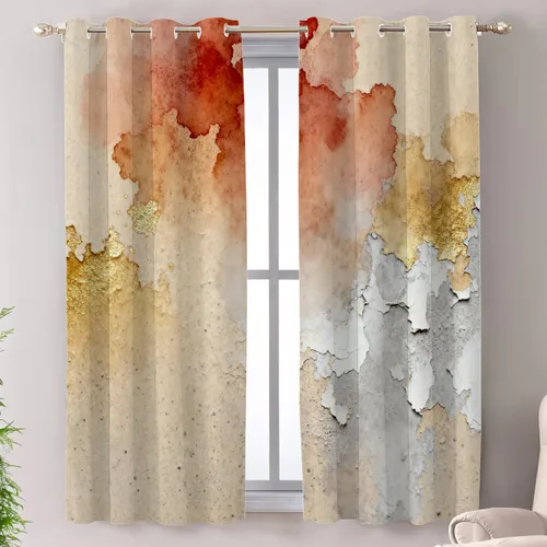 Vista 39 de Shrahala Beige and Orange Abstract Art Brushstrokes Tier Curtains for Kitchen Windows, Abstract Oil Paint Cafe Curtain Multilayer Polyester Blackout