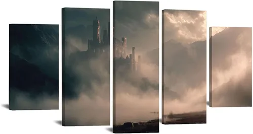 VOCBAN Large 5 Panel Canvas Prints Downtown Wall Art Long Picture for Home Walls Vintage Abstract Landscape Artwork, Painting for Living Room