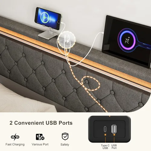 Vista 4 de IKIFLY Cabecera tapizada de tamaño matrimonial con luces LED y 2 puertos USB, altura ajustable, cabecera acolchada de tela de lino con botones