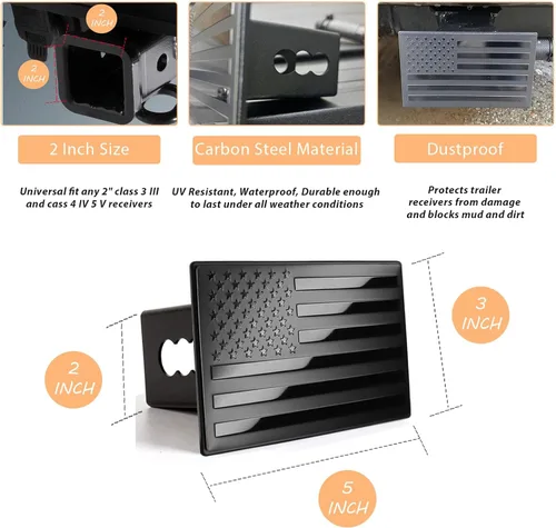 Vista 2 de Cubierta de enganche de remolque de metal con bandera estadounidense para receptores de 2 pulgadas, color negro mate