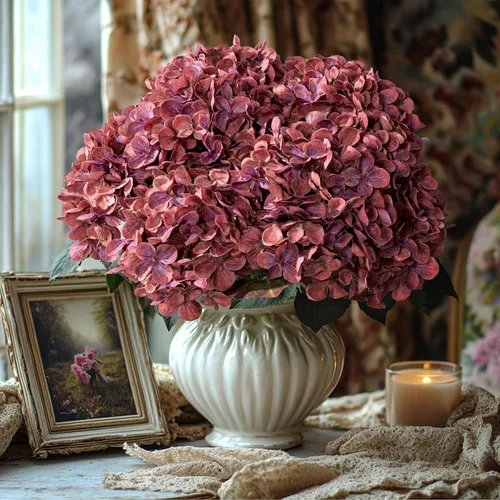 Vista 12 de Flores Artificiales Cabezas de Hortensias de Seda Falsa Ramo con Tallos al Por Mayor para Decoración de Otoño Centro de Mesa Navidad